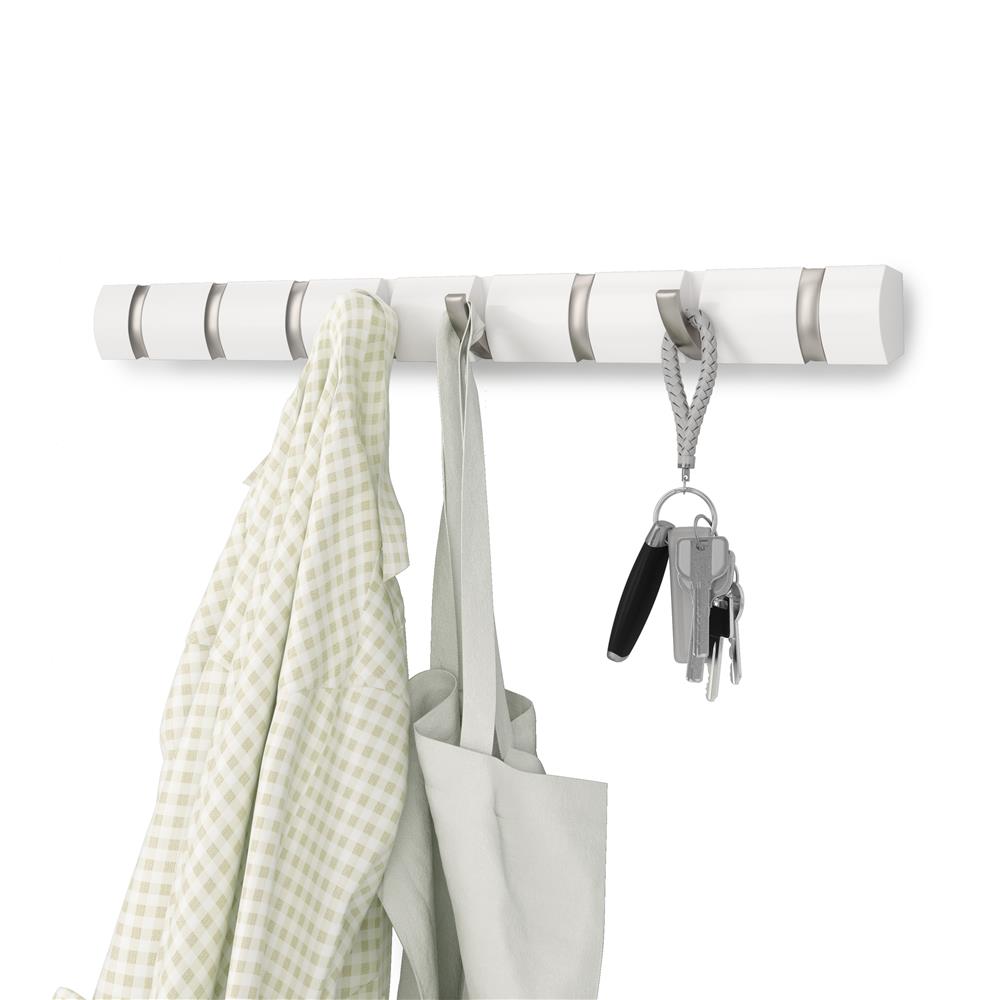 Umbra Flip Wandgarderobe, Garderobenleiste in Weiß, mit 8 beweglichen Haken in Silber