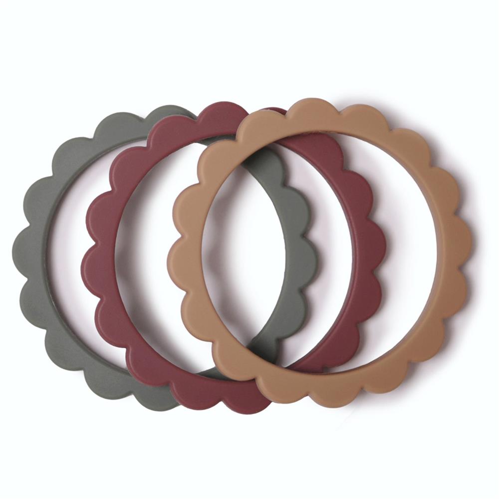 Mushie Beißring Blumen 3er Set, Dried Thyme/Berry/Natural, Armband aus Silikon, BPA-frei