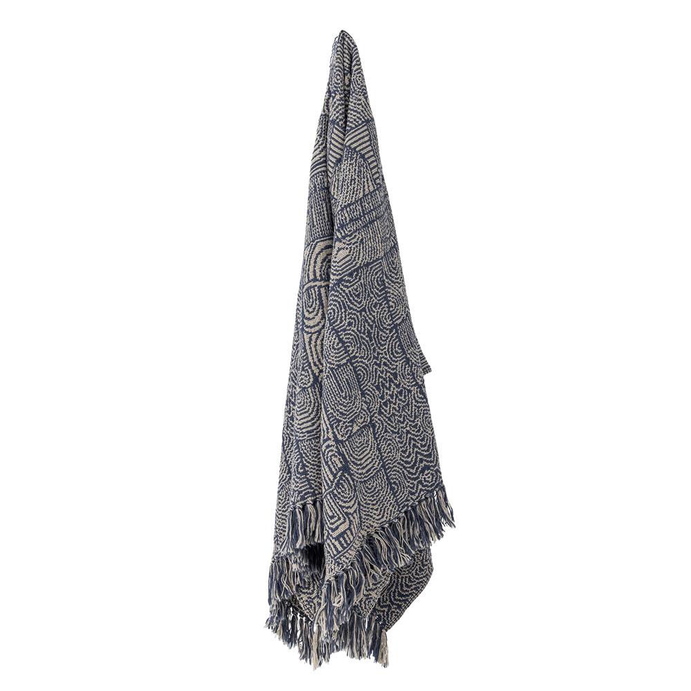 Bloomingville Bresso Decke, Blau, mit recycelter Baumwolle, 160x130 cm, mit Fransen, waschbar