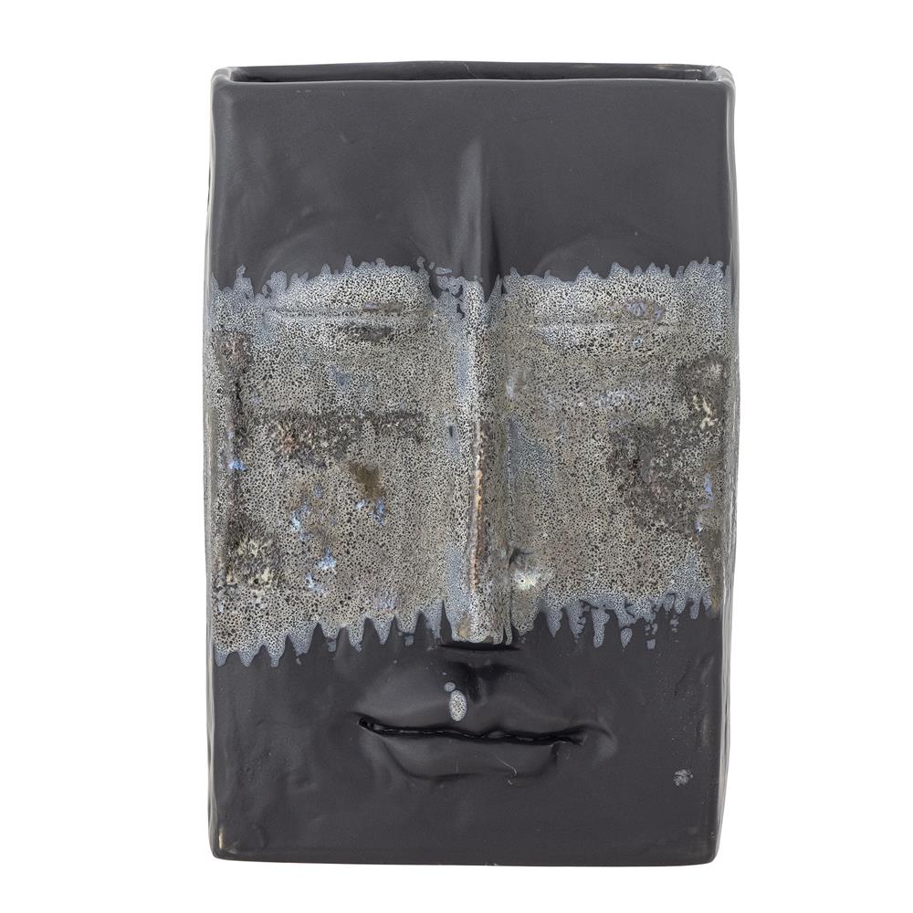 Bloomingville Nasru Vase – Schwarzes Steingut mit Gesichtsform, L15×H22×W10,5 cm