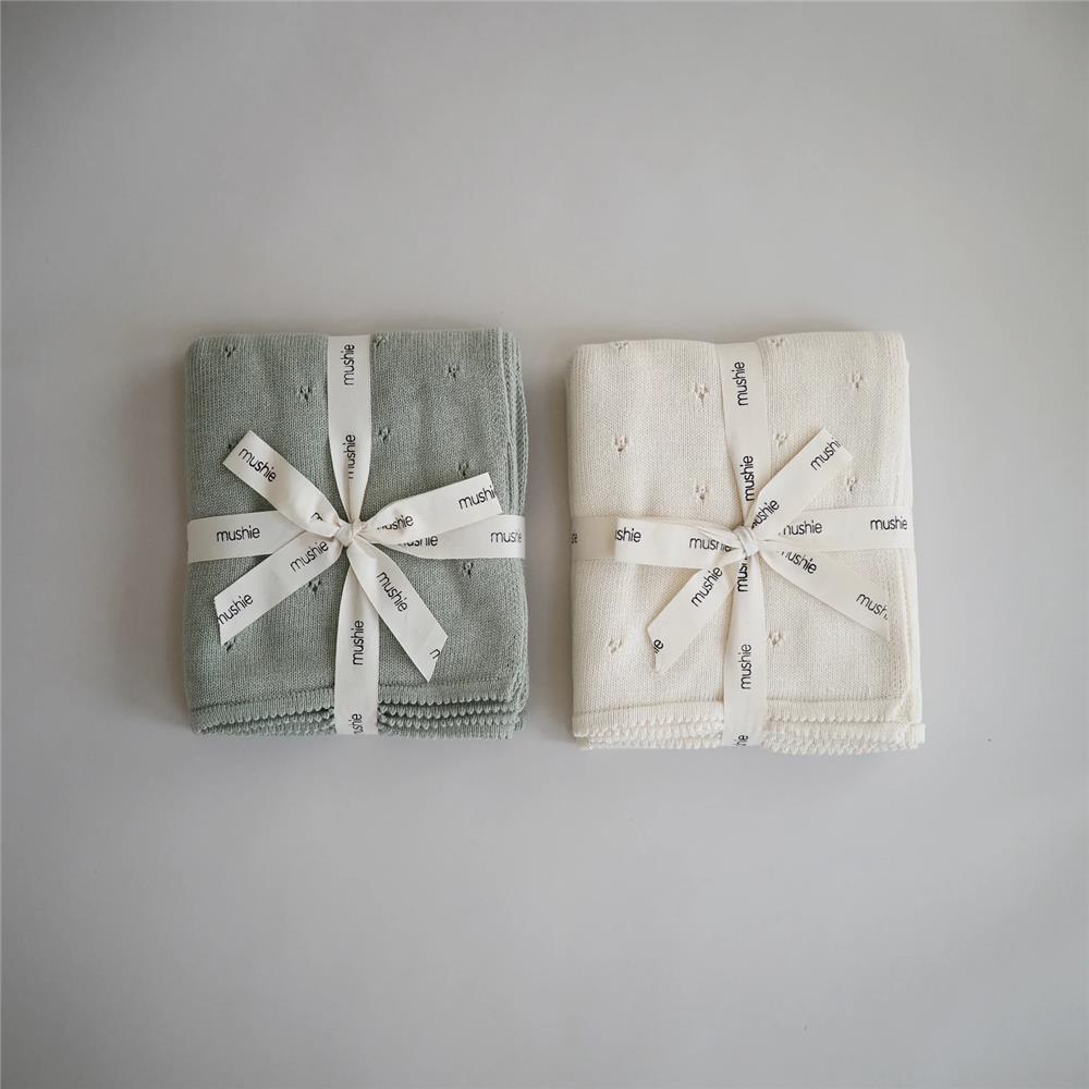 Mushie Gestrickte Babydecke Pointelle, Sage Melange, aus 100% Bio-Baumwolle