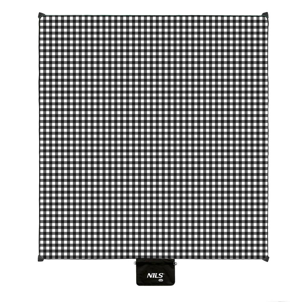 NILS CAMP Picknickdecke Schwarz/Weiß karriert 200x200 cm - große Outdoor Decke für Strand, Garten & Camping