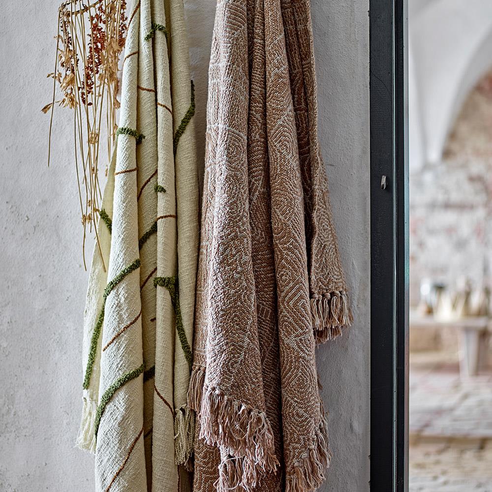 Bloomingville Bresso Decke, Braun, recycelte Baumwolle, 160x130 cm, gewebt, mit Fransen