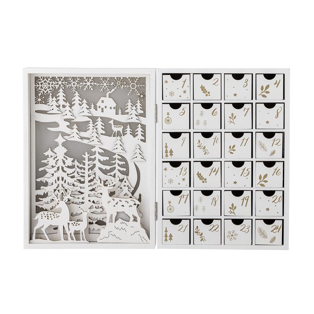 Bloomingville Elimar Adventskalender mit Licht, Weiß, Holzkalender 24 Schubladen
