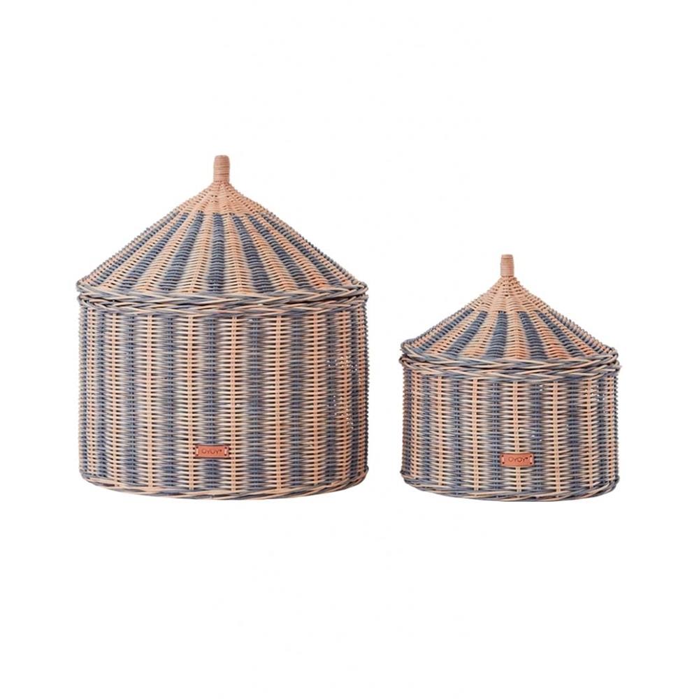 OYOY Mini - Körbe mit Deckel Circus 2er Set, aus Rattan, Blau
