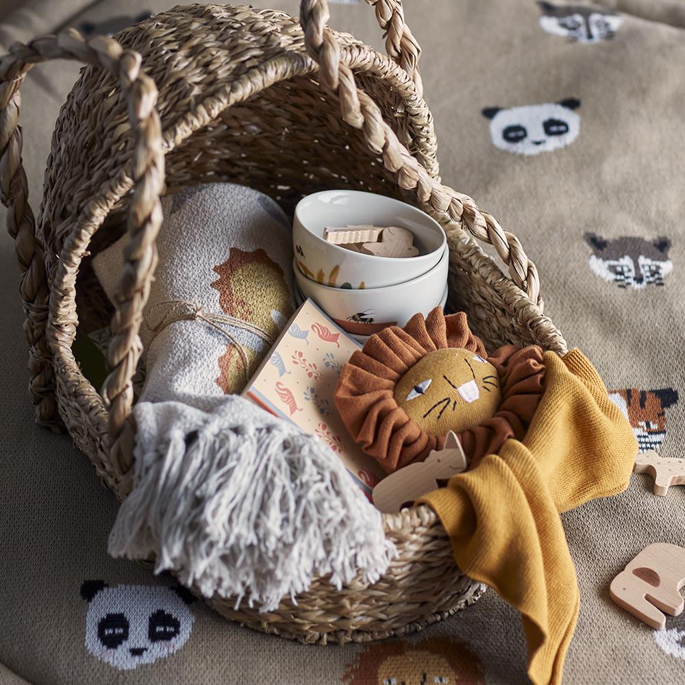 Bloomingville MINI Miko Spielmatte Zootiere 100cm rund Braun Baumwolle Spielteppich dänisches Design