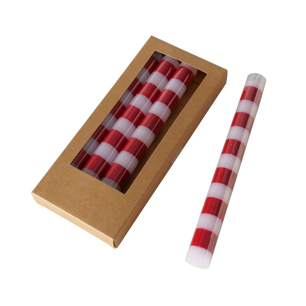 BOLTZE Stabkerze Stripy – 4er Set, rot-weiß gestreift, 20 cm, Paraffinwachs, matt
