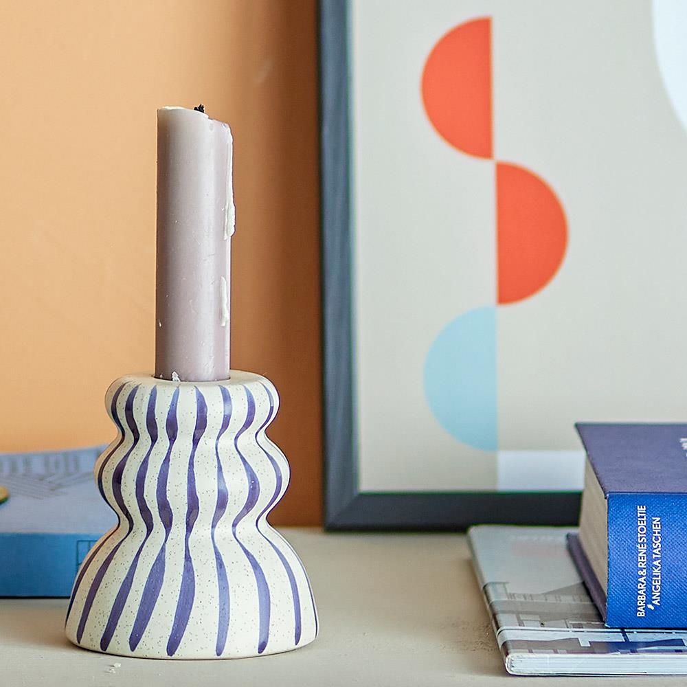 Bloomingville Gabin Kerzenhalter Blau Ø8 cm – Steingut, handbemalt & grafisch