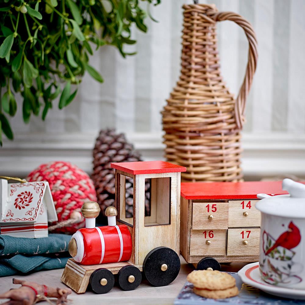 Bloomingville Adventskalender Eisenbahn – Holz-Zug Grunk mit 24 Boxen zum Befüllen, dänisches Design