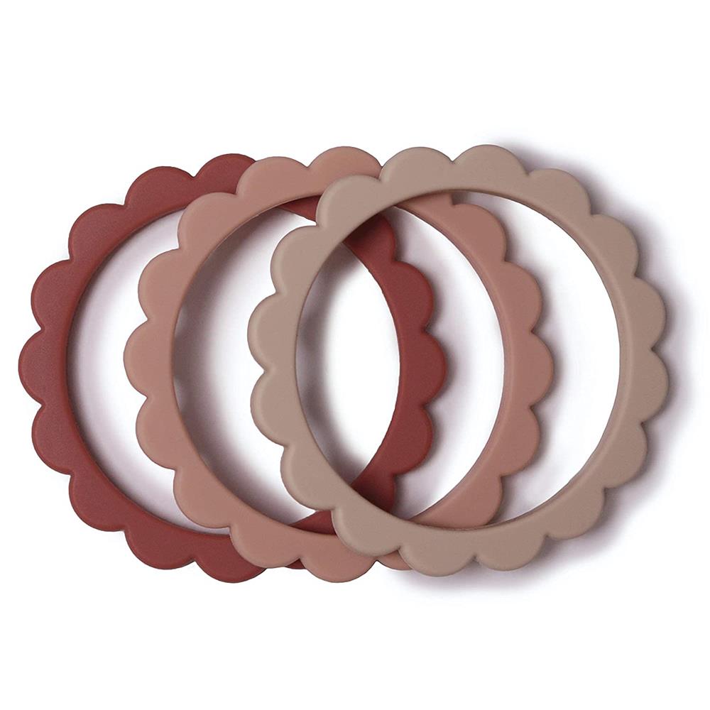 Mushie Beißring Blumen 3er Set, Rose/Blush/Shifting Sand, Armband aus Silikon, BPA-frei