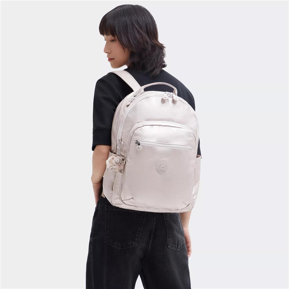 Kipling SEOUL L, Großer Schulrucksack mit 15-Zoll-Laptopfach, 27L, Metallic Glow (beige)