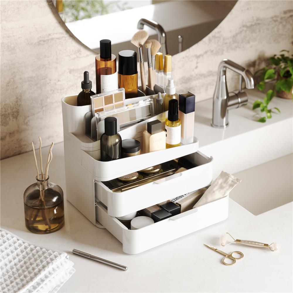 Umbra Glam Kosmetik Organizer in Weiß/Grau, Modulare Aufbewahrungsbox mit 3 Schubladen