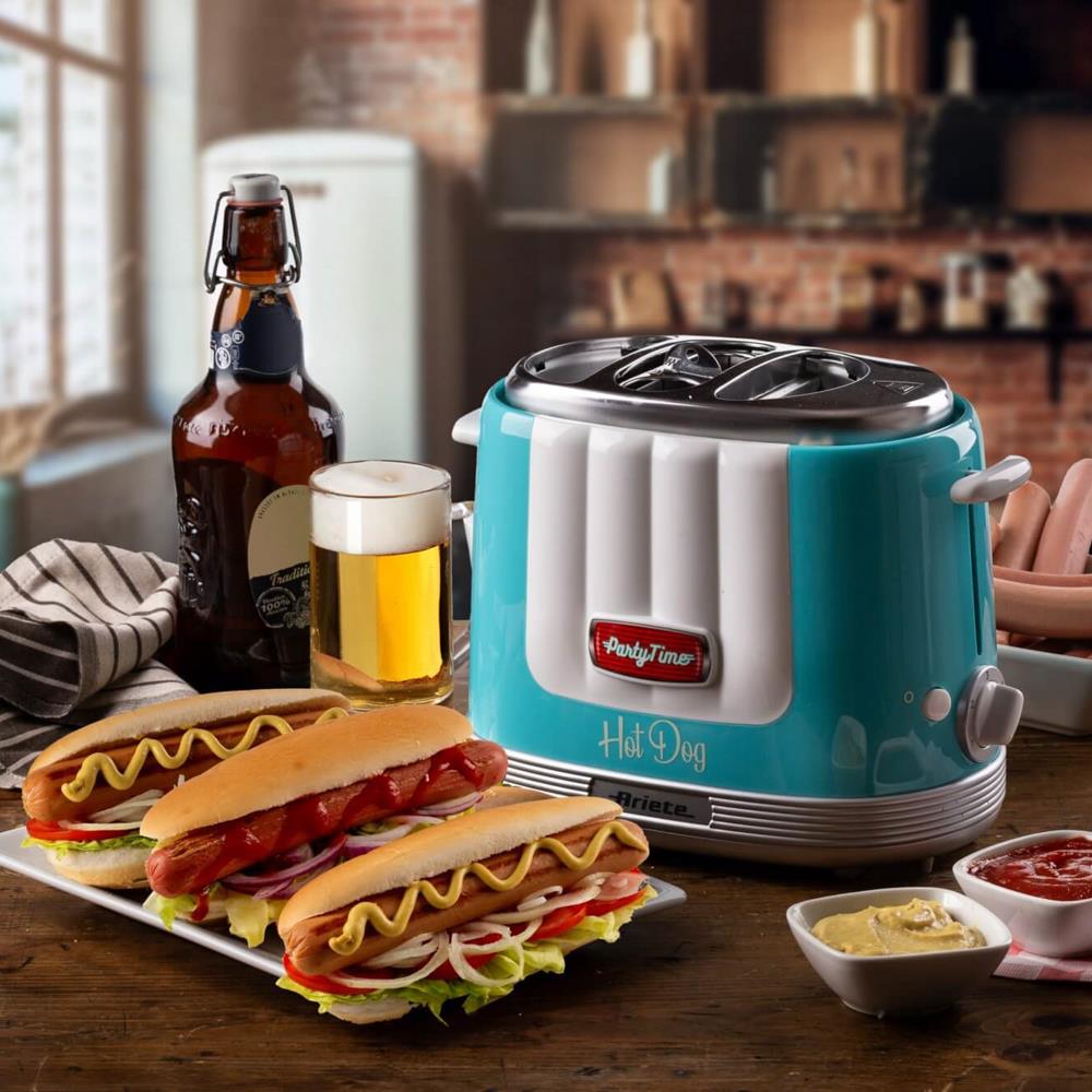 Ariete Party Time Hot Dog Maker, Blau, Brötchen und Würstchen Toaster, Retro-Design, 50er Jahre-Stil