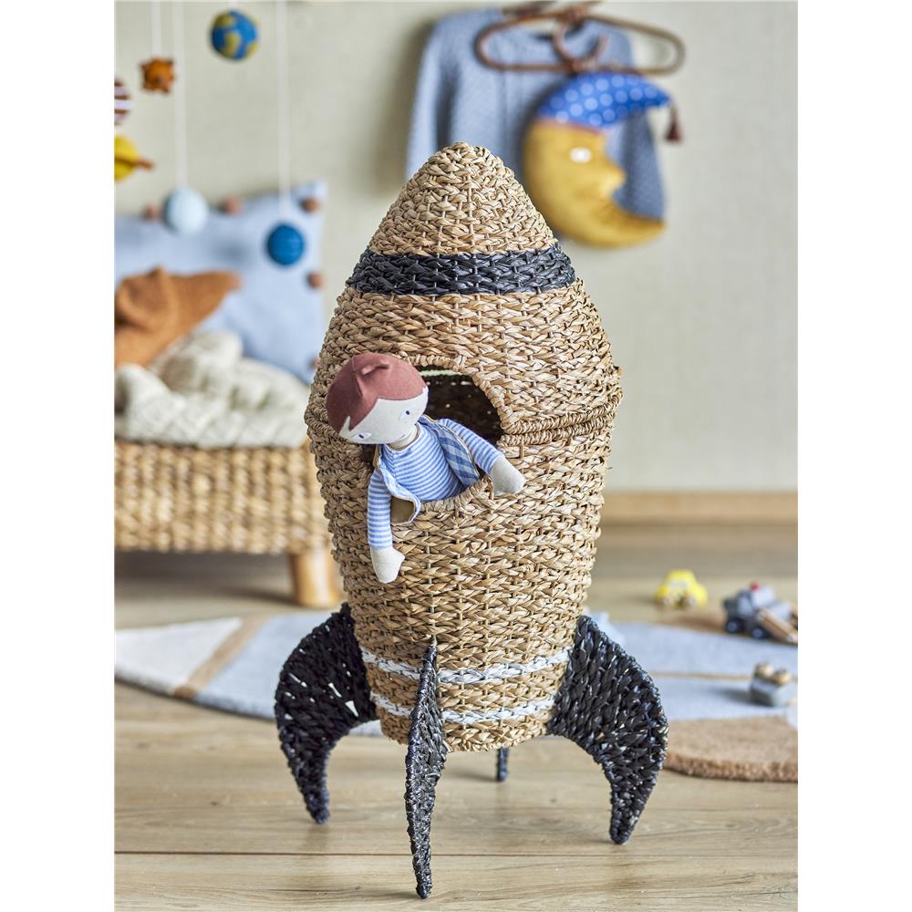 Bloomingville MINI Korb braun/schwarz mit Deckel Rakete Seegras Aufbewahrungskorb Kinderzimmer