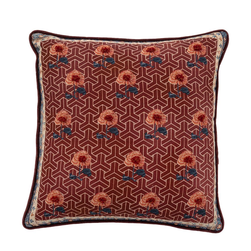 Bloomingville Zharai Kissen 50x50 cm rot - Baumwollkissen mit Blumenmuster & Samtpaspel für Sofa