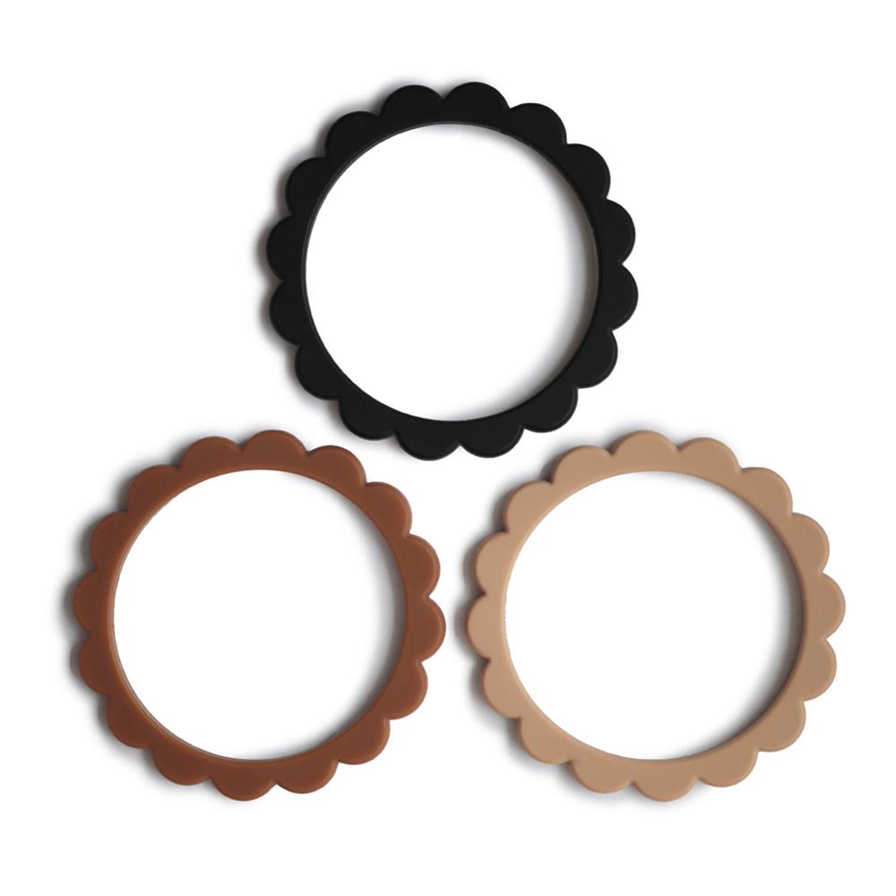 Mushie Beißring Blumen 3er Set, Black/Natural/Caramel, Armband aus Silikon, BPA-frei