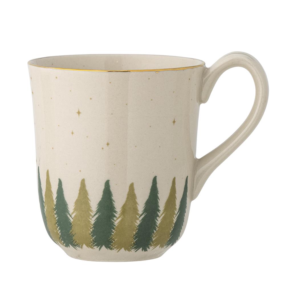 Bloomingville Spruce Tasse – Weihnachtsbecher aus Steingut mit Goldrand & Tannenmotiv