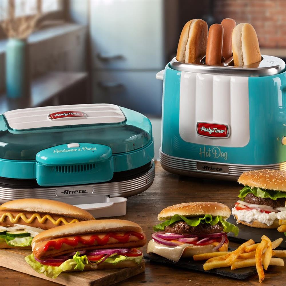 Ariete Party Time Hot Dog Maker, Blau, Brötchen und Würstchen Toaster, Retro-Design, 50er Jahre-Stil