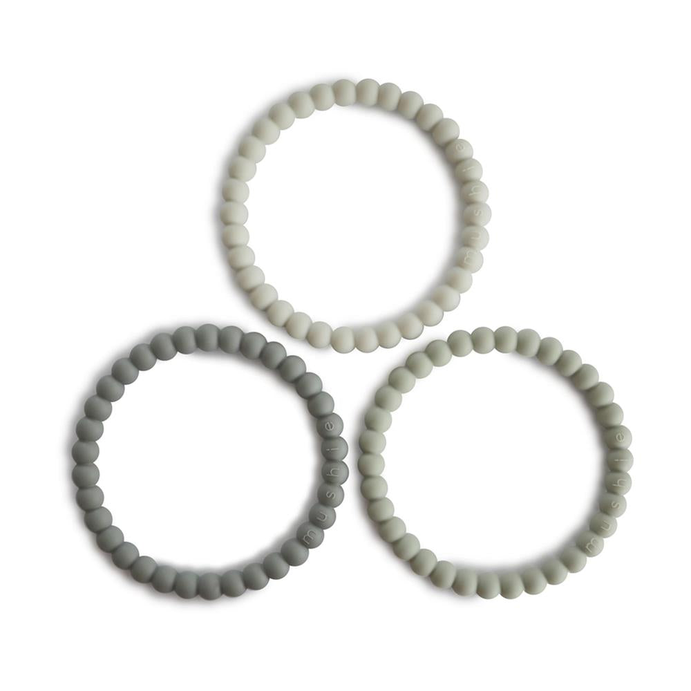 Mushie Beißring Perlen 3er Set, Green Tea/Cool Gray/Sea Salt, Armband aus Silikon, BPA-frei