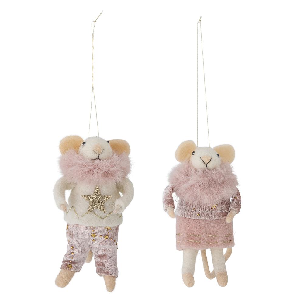 Bloomingville Peo Mäuse Anhänger, Rosa, Wollfiguren klein 2er Set Weihnachtsdeko