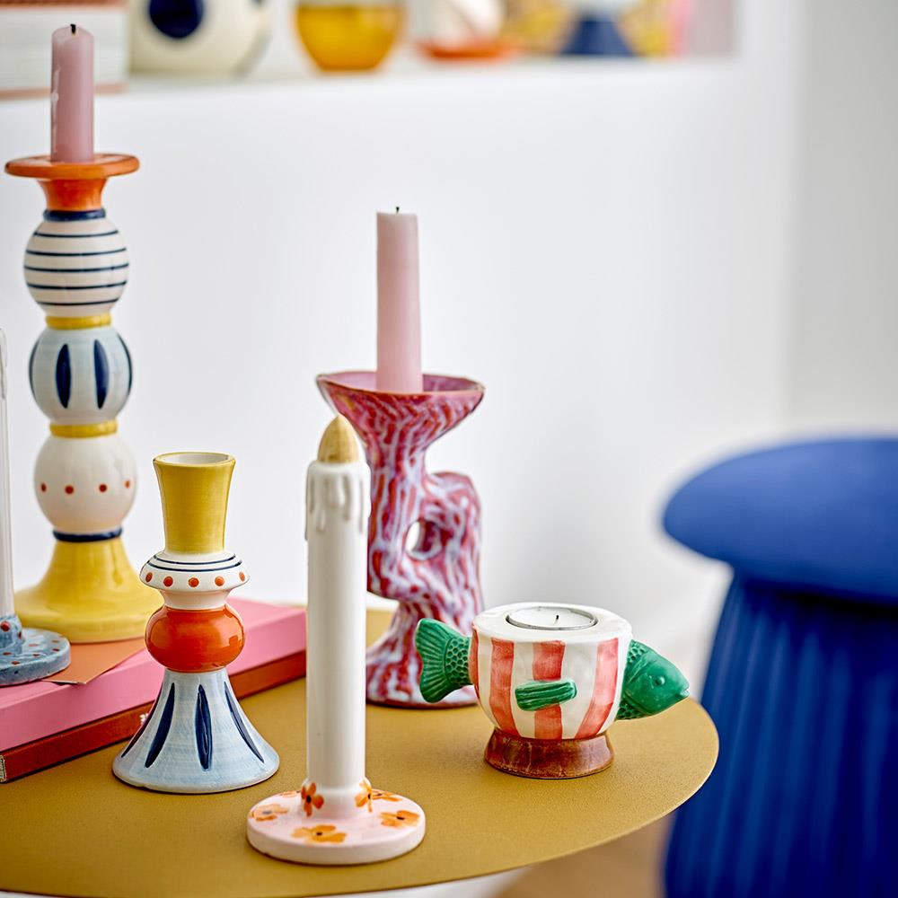 Bloomingville Codia Teelicht- & Kerzenhalter, Pink, Steingut, Fischform, handbemalt, 13 cm