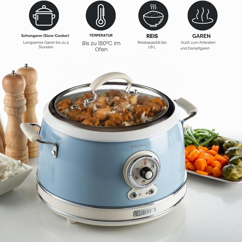 Ariete Vintage Reiskocher, Blau, 3,5L, Slow Cooker, Dampfgarer, 5 Programme, Keramikschüssel