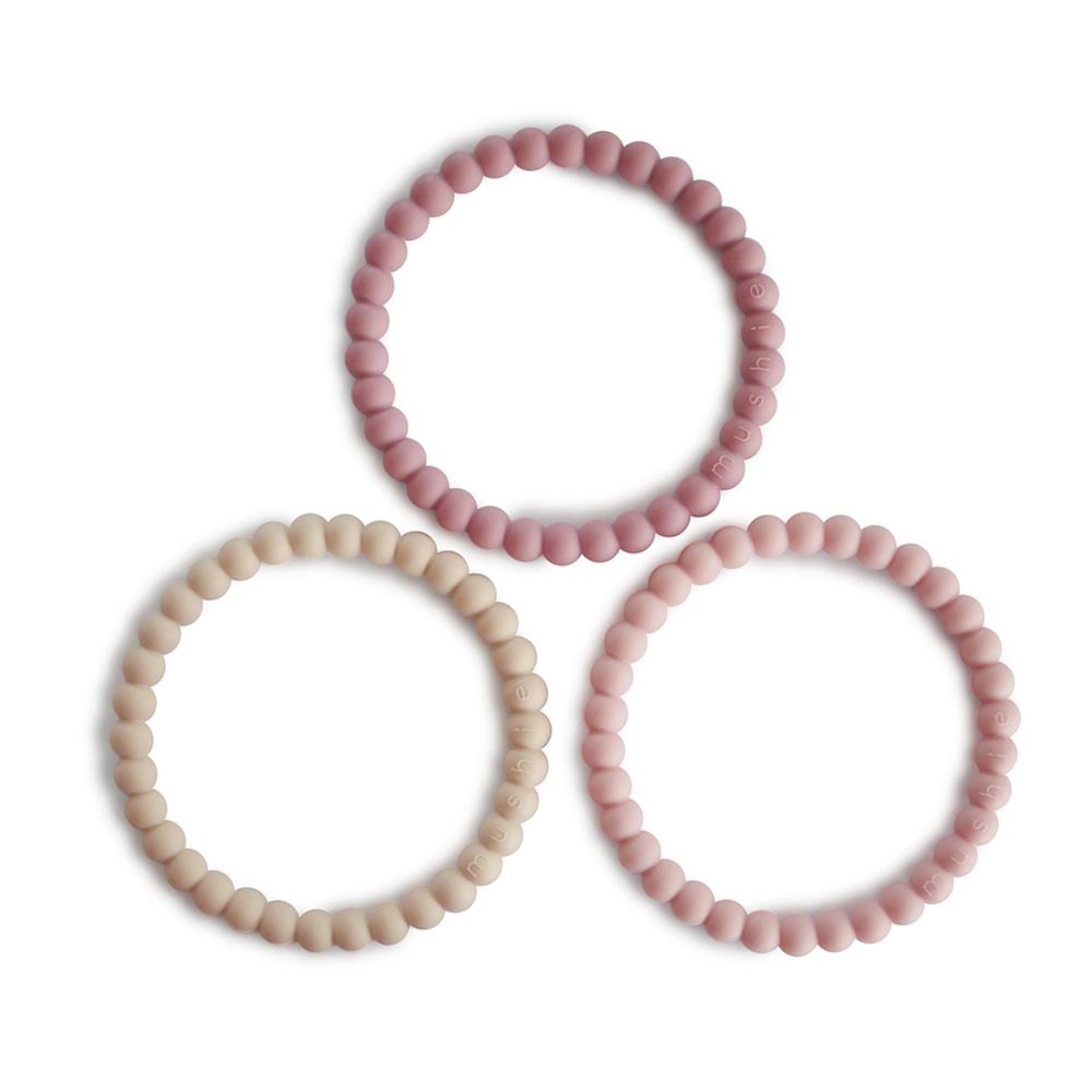 Mushie Beißring Perlen 3er Set, Linen/Peony/Pale Pink, Armband aus Silikon, BPA-frei