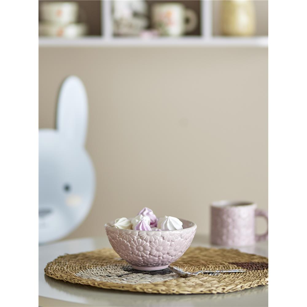 Bloomingville MINI Benji Schale, Rosa mit Blumenverzierung, Steingut, Kinderschüssel, dänisches Design