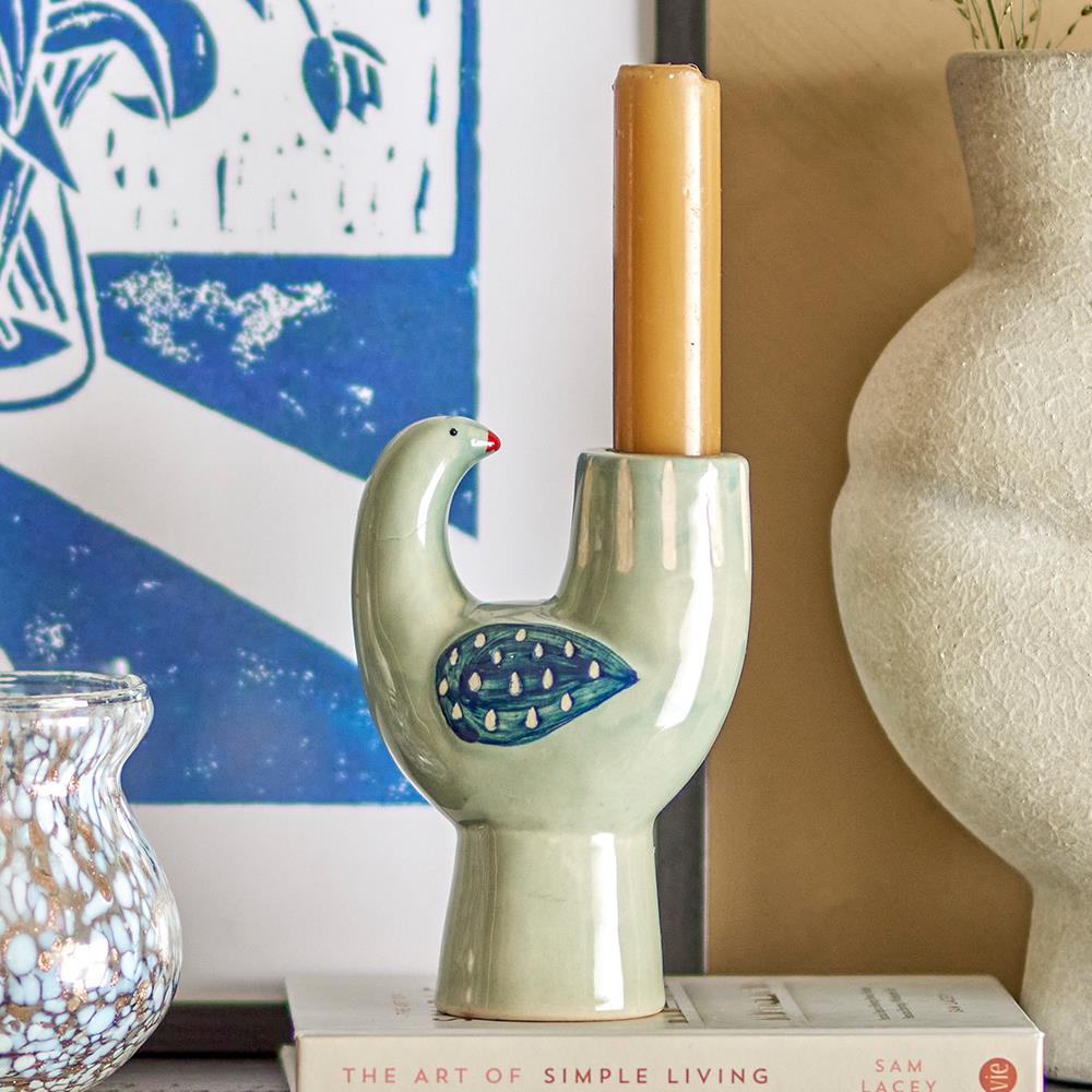 Bloomingville Trudy Kerzenhalter, Vogel, in Blau, aus Steingut, Kerzenständer, im dänischen Design