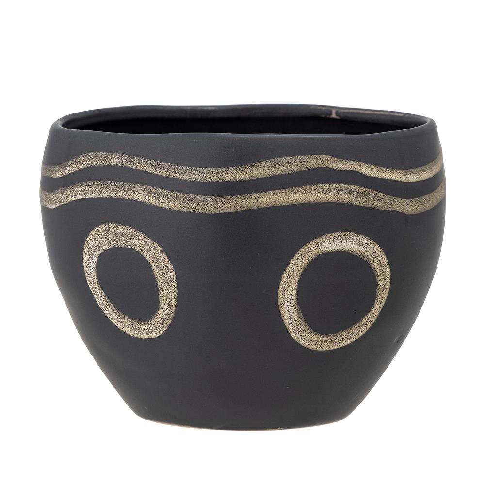 Bloomingville Magnus Blumentopf – Schwarzer Steingut-Topf im Ethno-Design, Ø18,5 cm
