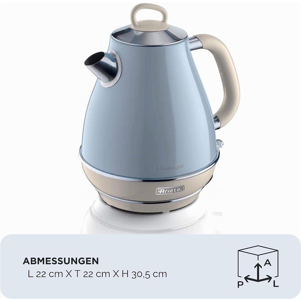 Ariete Vintage Wasserkocher, Blau, 1,7L Edelstahlkessel, 2000W, Elegantes Retro-Design