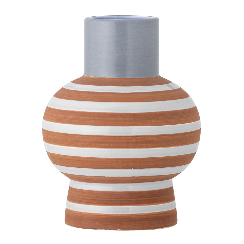 Bloomingville Lindir Vase, Blau, Steingut – elegante Deko mit Terrakotta-Streifen, Ø15xH19 cm