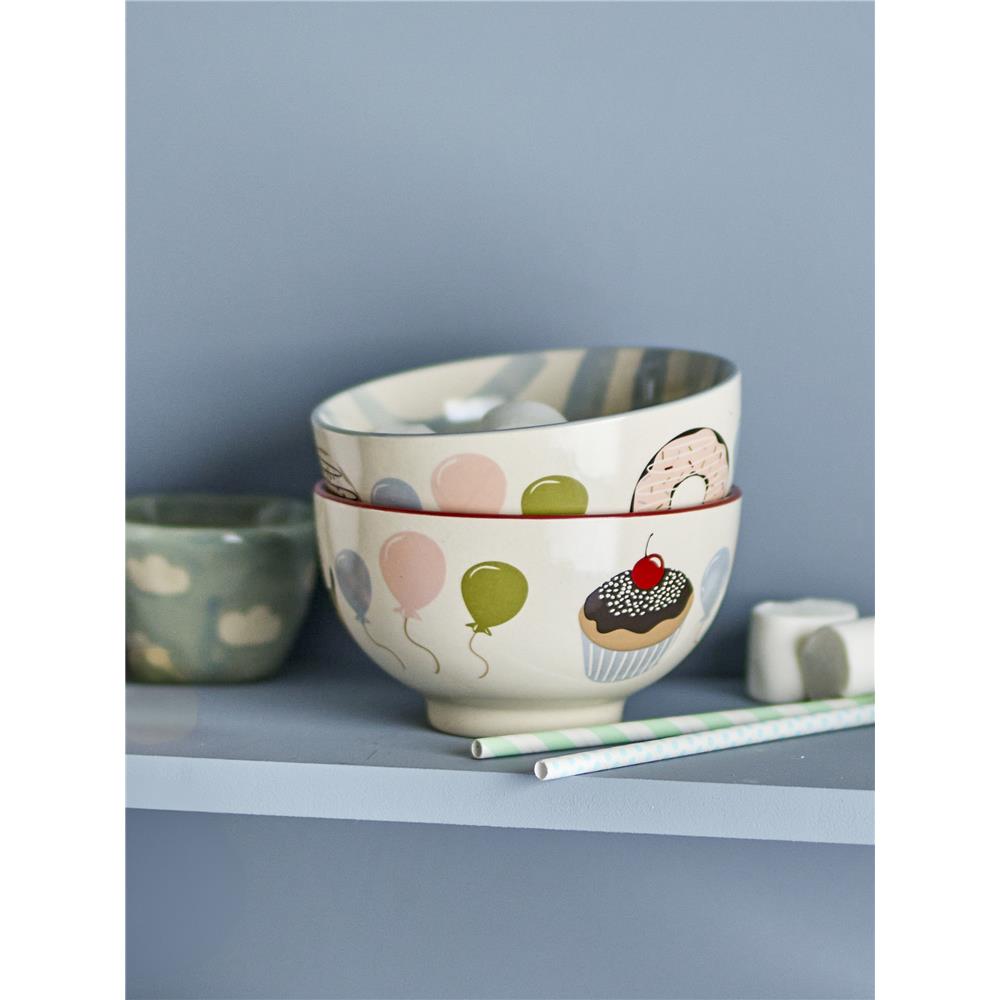 Bloomingville MINI Darby Schalen mit Streifen und Ballons, Steingut, 2er Set, Kinderschüsseln