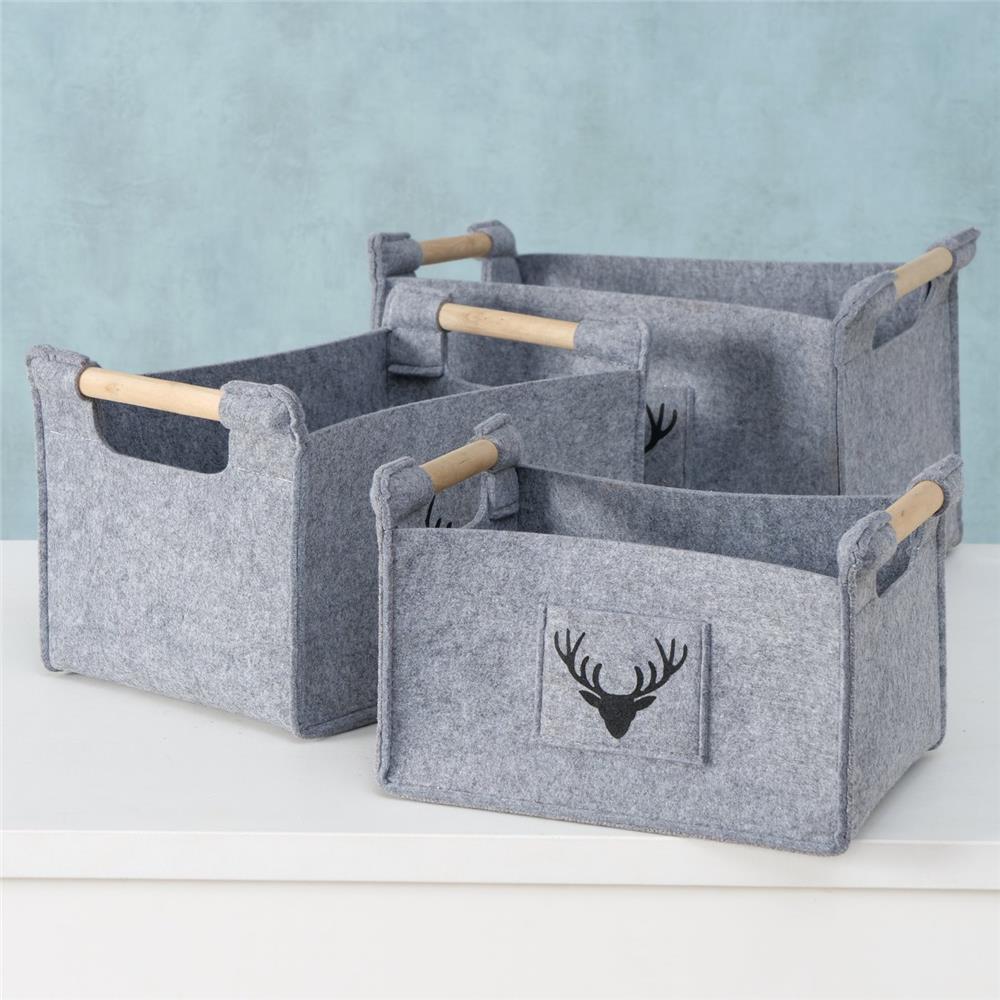 BOLTZE Korb Karly – 3er Set mit Hirschgeweihmotiv, Holz & Textil, Landhausstil