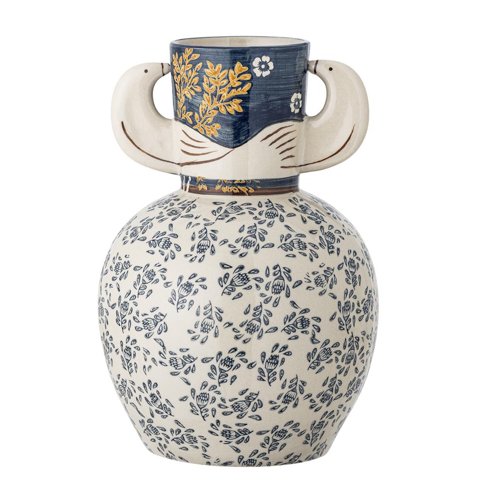 Bloomingville Hezha Vase Blau – Handdekorierte Steingutvase mit Vogelmotiv