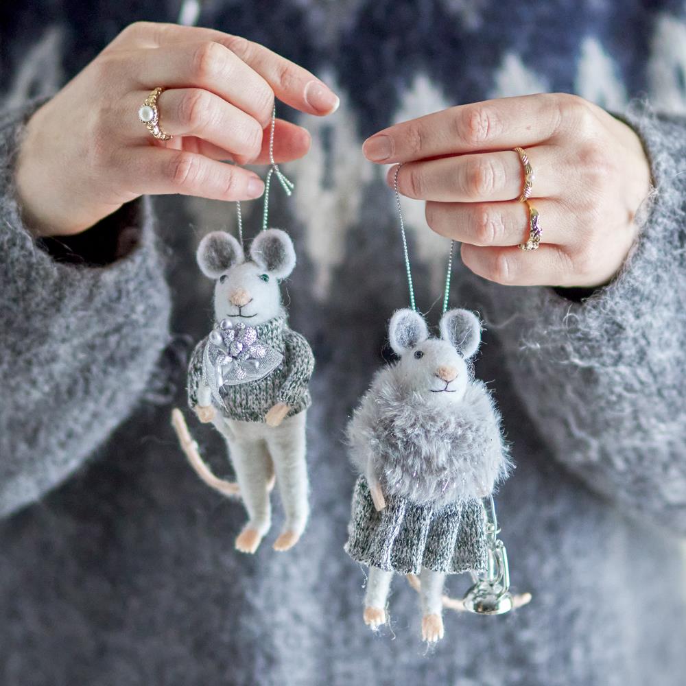 Bloomingville Peo Mäuse Anhänger, Grau, Wollfiguren 2er Set Weihnachtsdeko