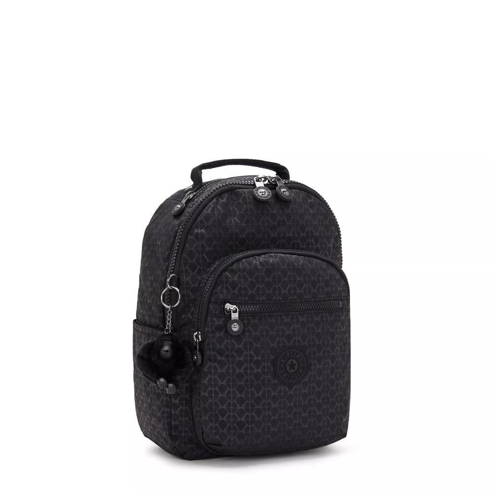 Kipling SEOUL S, Kleiner Schulrucksack mit 11-Zoll-Tabletfach, 14L, Signature Emb (schwarz)