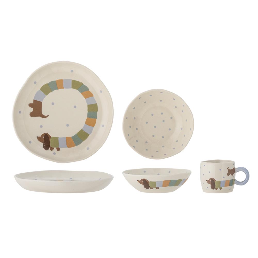 Bloomingville MINI Charlie Geschirr-Set, Blue, Steingut, 3er Set mit Teller + Schüssel + Tasse