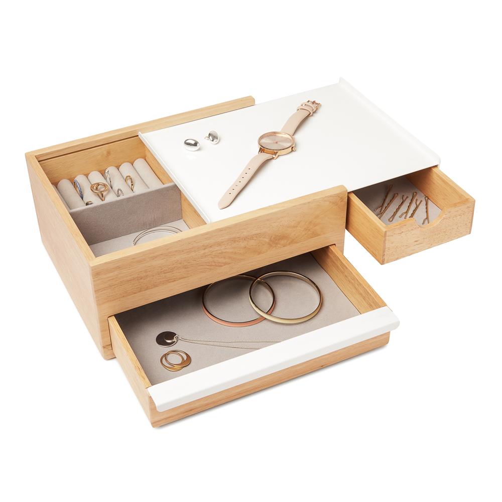 Umbra Stowit Design Schmuckkasten Weiß/Natur moderne Schmuck Box mit Geheimfächern für Ringe Armbänder Uhren Halsketten Ohrringe und Accessoires