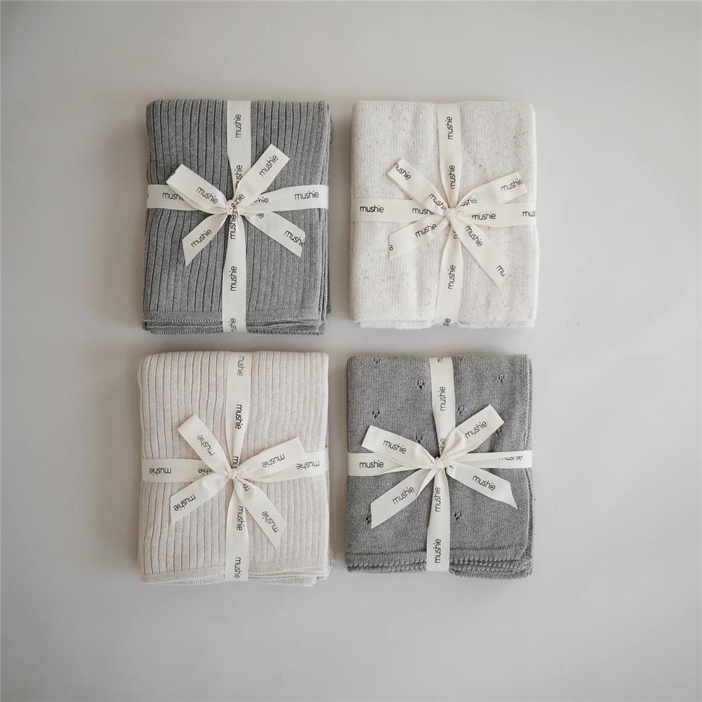 Mushie Gestrickte Babydecke Pointelle, Gray Melange, aus 100% Bio-Baumwolle