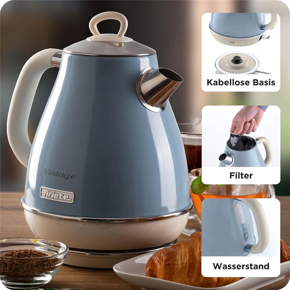 Ariete Vintage Wasserkocher, Blau, 1,7L Edelstahlkessel, 2000W, Elegantes Retro-Design