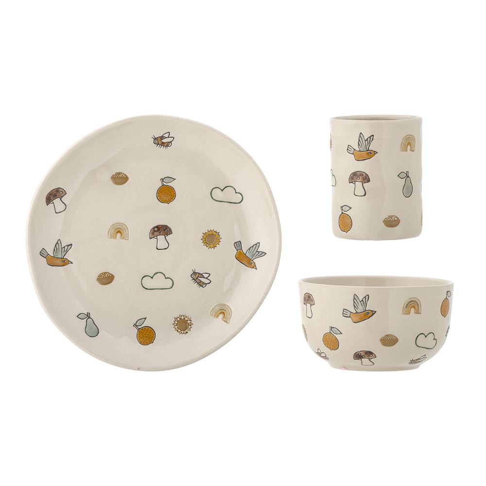 Bloomingville MINI Agnes Geschirr-Set, Weiß, Steingut, 3er Set mit Teller + Schüssel + Becher