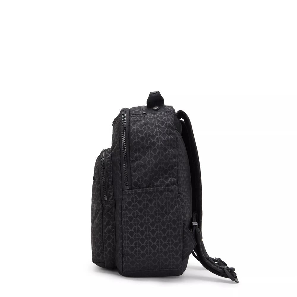 Kipling SEOUL S, Kleiner Schulrucksack mit 11-Zoll-Tabletfach, 14L, Signature Emb (schwarz)