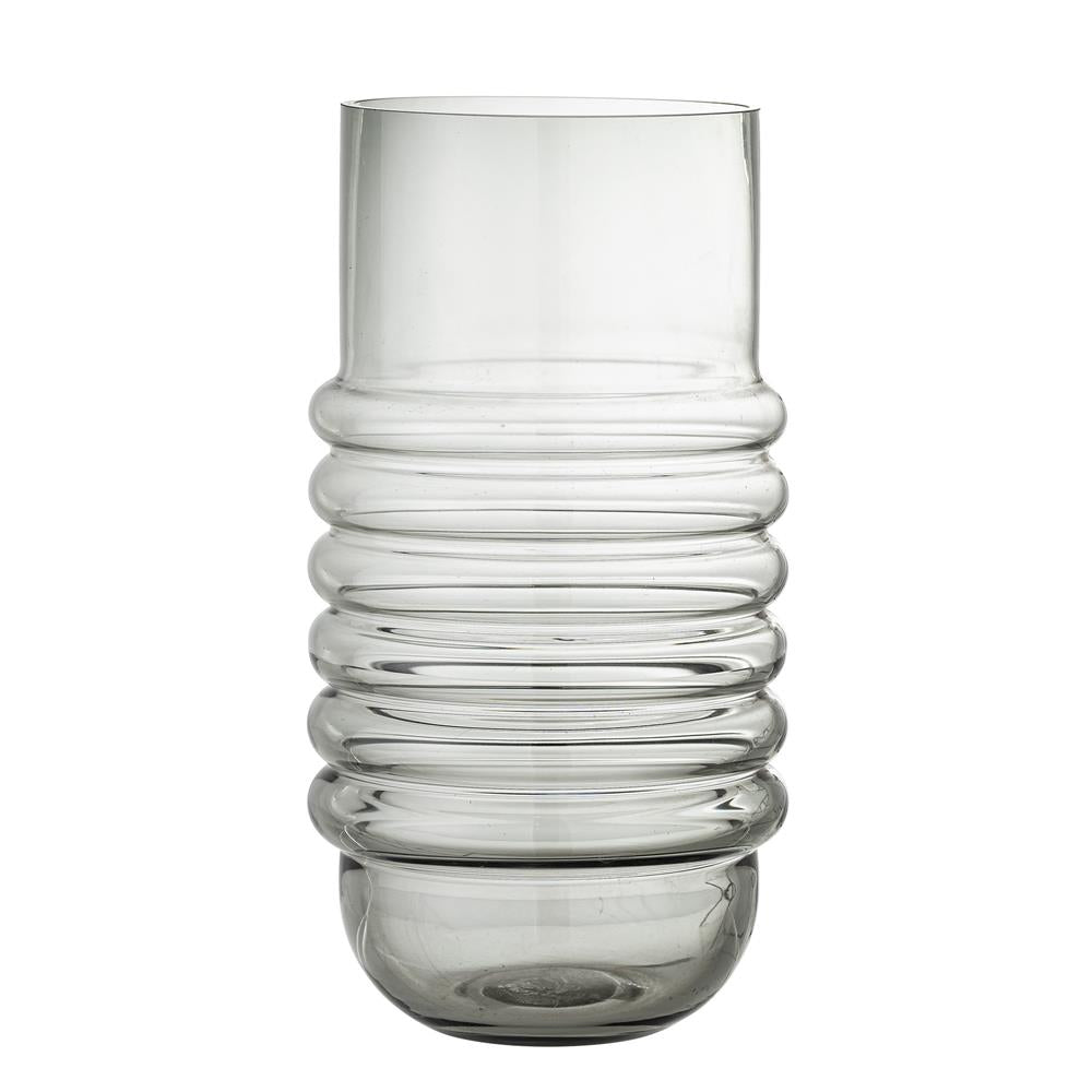 Bloomingville Belma Vase, grau gefärbtem Glas mit geraden Linien und Skulpturelementen