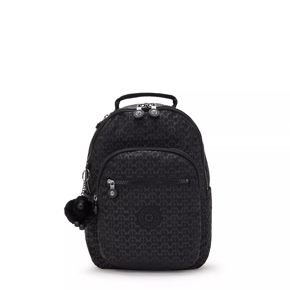 Kipling SEOUL S, Kleiner Schulrucksack mit 11-Zoll-Tabletfach, 14L, Signature Emb (schwarz)