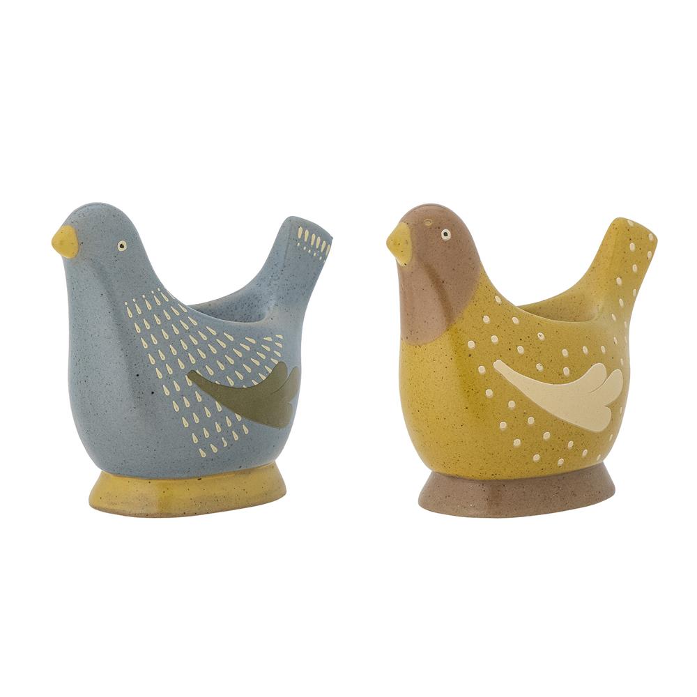 Bloomingville Birdy Eierbecher 2er Set, Blau/Gelb, Steingut, handbemalt, dekorativ & verspielt