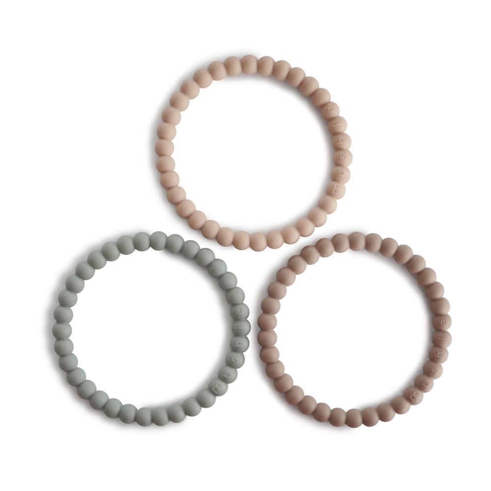 Mushie Beißring Perlen 3er Set, Clary Sage/Tuscany/Desert Sand, Armband aus Silikon, BPA-frei