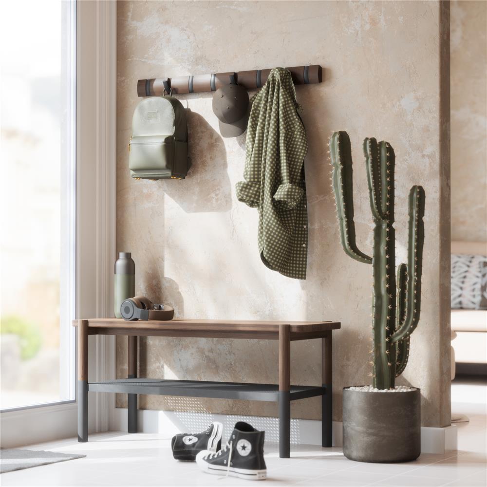 Umbra Flip Wandgarderobe, Garderobenleiste in Walnuss, mit 8 beweglichen Haken in Schwarz