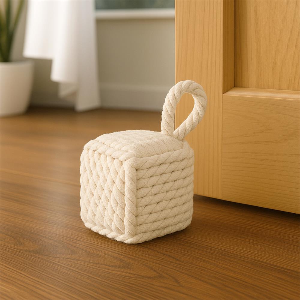 BOLTZE Türstopper quadratisch Strick Beige mit Schlaufe – als Buchstütze, Fensterstopper & Türhalter