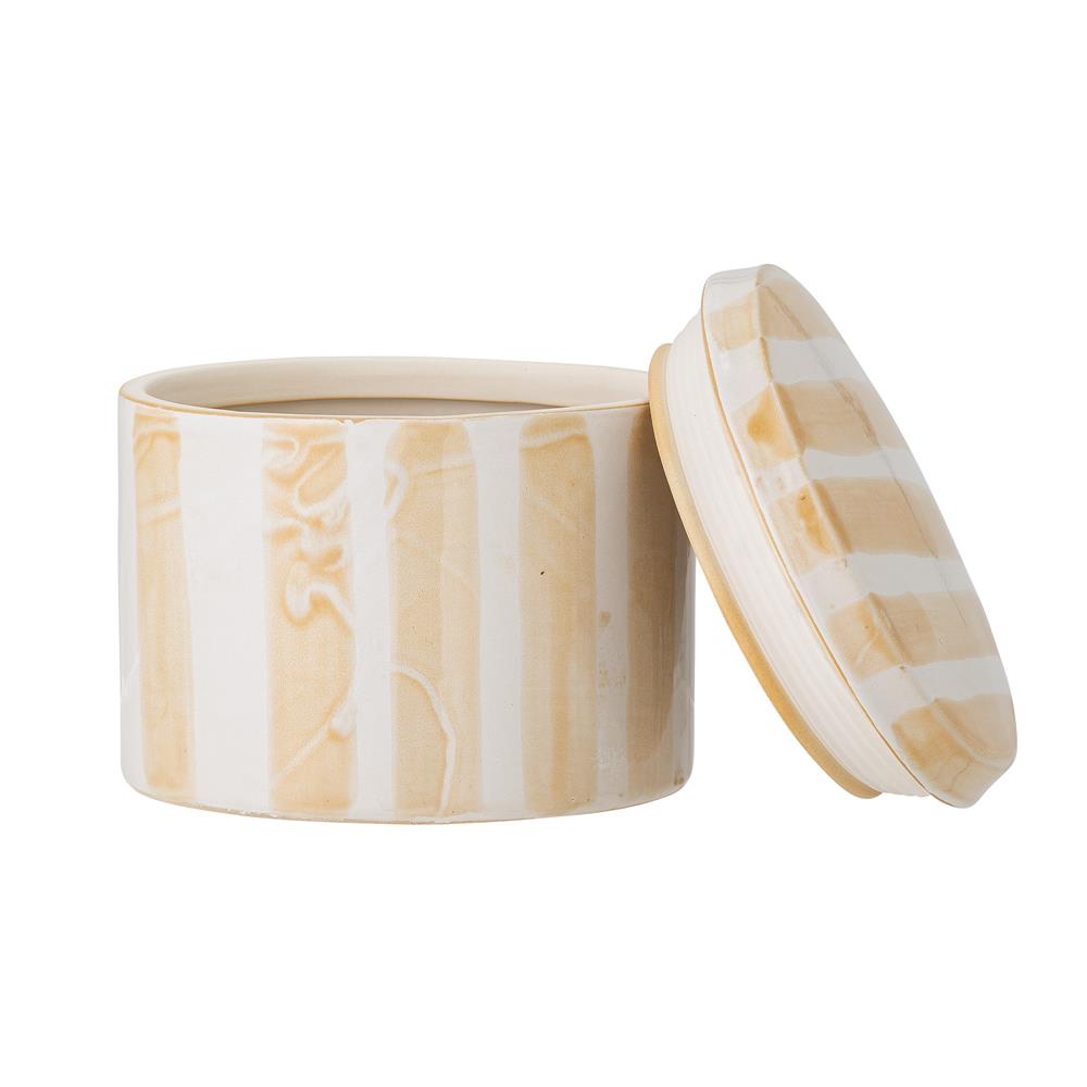 Bloomingville Cathe Gefäß mit Deckel, mit gelben und weißen Streifen, Steingut, D13xH10,5 cm